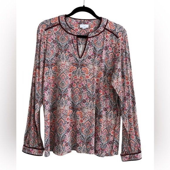J. Jill Tops - 🌸 J. Jill Multicolor Floral Blouse w Velvet Trim | Flowy & Effortless Sz M